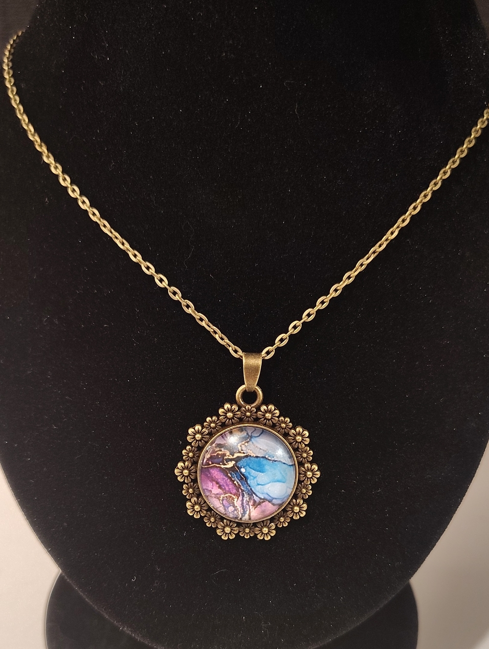 Brass Cabochon Pendant With Resin Splash Art Under Resin Dome